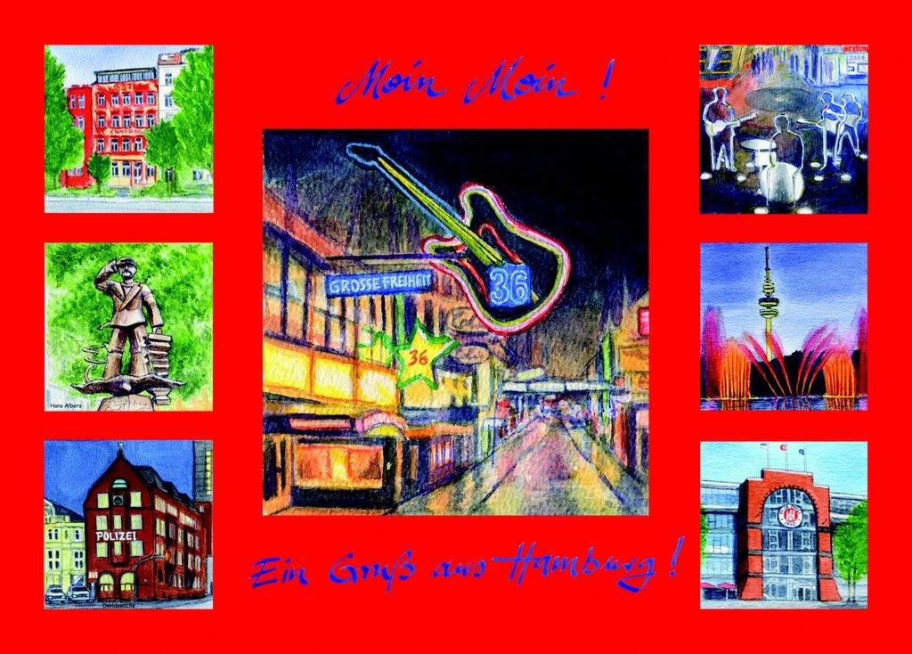 Postkarte A6 Hamburg Motiv Collage Reeperbahn Pappnase Onlineshop